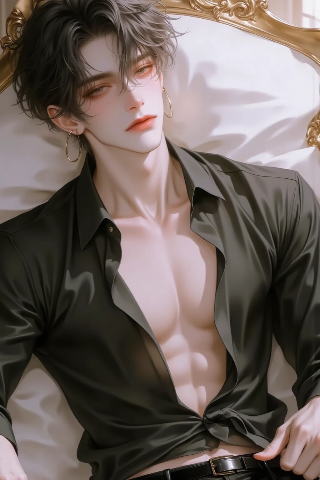 Anime sexy Mann, schwarzes Haar, Ketten, white pants, modern white shirt, leuchtende Farben, anime boy, wet body, bed, without shirt, high quality fanart, hot expression, Beast, at pixiv, official fanart, pixiv, detailed fanart, relaxing, levi ackerman, relaxing environment, relaxing mood, by Shingei, anime asthetic, relaxing concept art, wet anime boy, beautiful atmosphere, hot anime boy, cute, beautiful body art, hot pose, beautiful, pretty face, cute pretty face, big cute eyes, beautiful expression