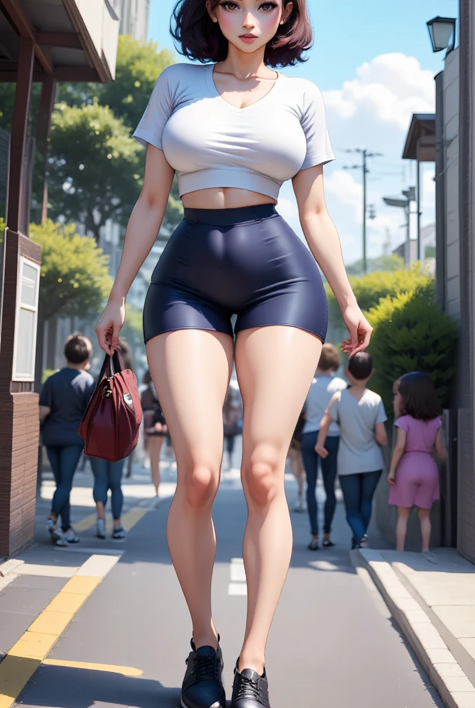 8K分辨率,Tall beautiful woman in lake blue tight yoga shorts,Bare thighs,Small white vest,Small white shoes,Plump buttocks,Very obese and obese body,Pear-shaped body,beautiful weather,In a roadside clearing,Full body photo of standing,Classic art photographs,The face is clear and detailed,There are close-ups
