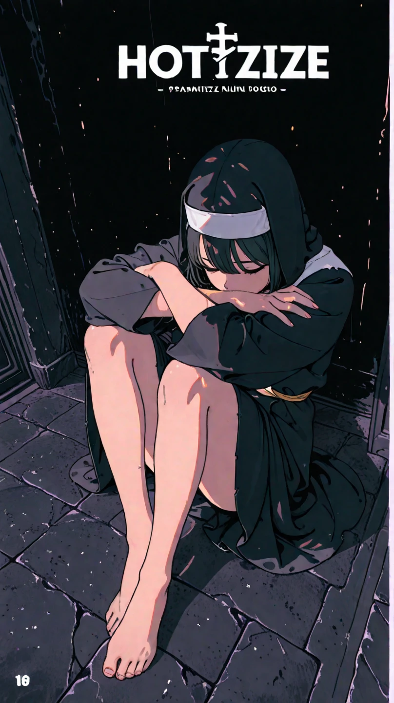1 broody catgirl in gray robes and short skirt, dark skin, feet in sandals, medieval ruins background