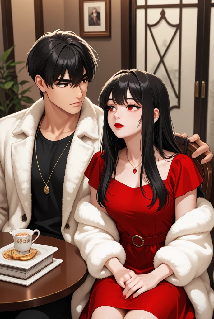 masterpiece, Highest quality, One girl, One boy, cup, pantyhose, blush, sweater, red sweater, close your eyes, Cup, hair band, Sitting, wine glass, Earrings, Long Hair, Open your mouth, sweater dress, Drunk, jewelry, shirt, alcohol, white hair band, pants, Heterosexual, Holding cup, smile, sofa, Holding, Long sleeve, dress, Pointing finger up, short hair, brown pants