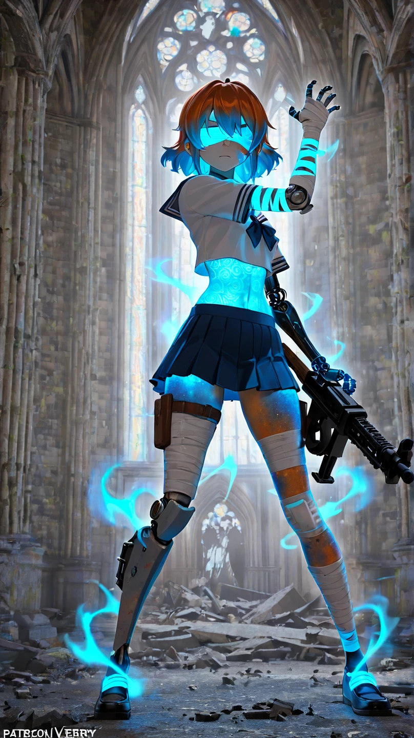 full body shot of Alice, the main character from Alice in Wonderland, is mysterious. in the world of cyberpunk, like an android with mechanical arms and legs, with a face created in the image and likeness of Alice from Wonderland. Her mechanical limbs have incredible strength and speed, which makes her the perfect warrior in a world where technology and violence go hand in hand. However, under this cold steel coating, the heart of the Alice we know and love is still beating. Alice's attractive face is like an android made of metal with luminous inserts. Her mechanical eyes glow with a bright blue light, like two small beacons in a world of darkness and chaos. she dressed blue short fluffy pleated dress with white apron, In the world of cyberpunk 2077, at the crazy tea party, SFW, ((mechanical limbs:1.3)), <lora:add-detail-xl:3>. Whole outfit, clear, sharp, balanced in a cyberpunk outfit. Futuristic, dystopian, metallic, neon