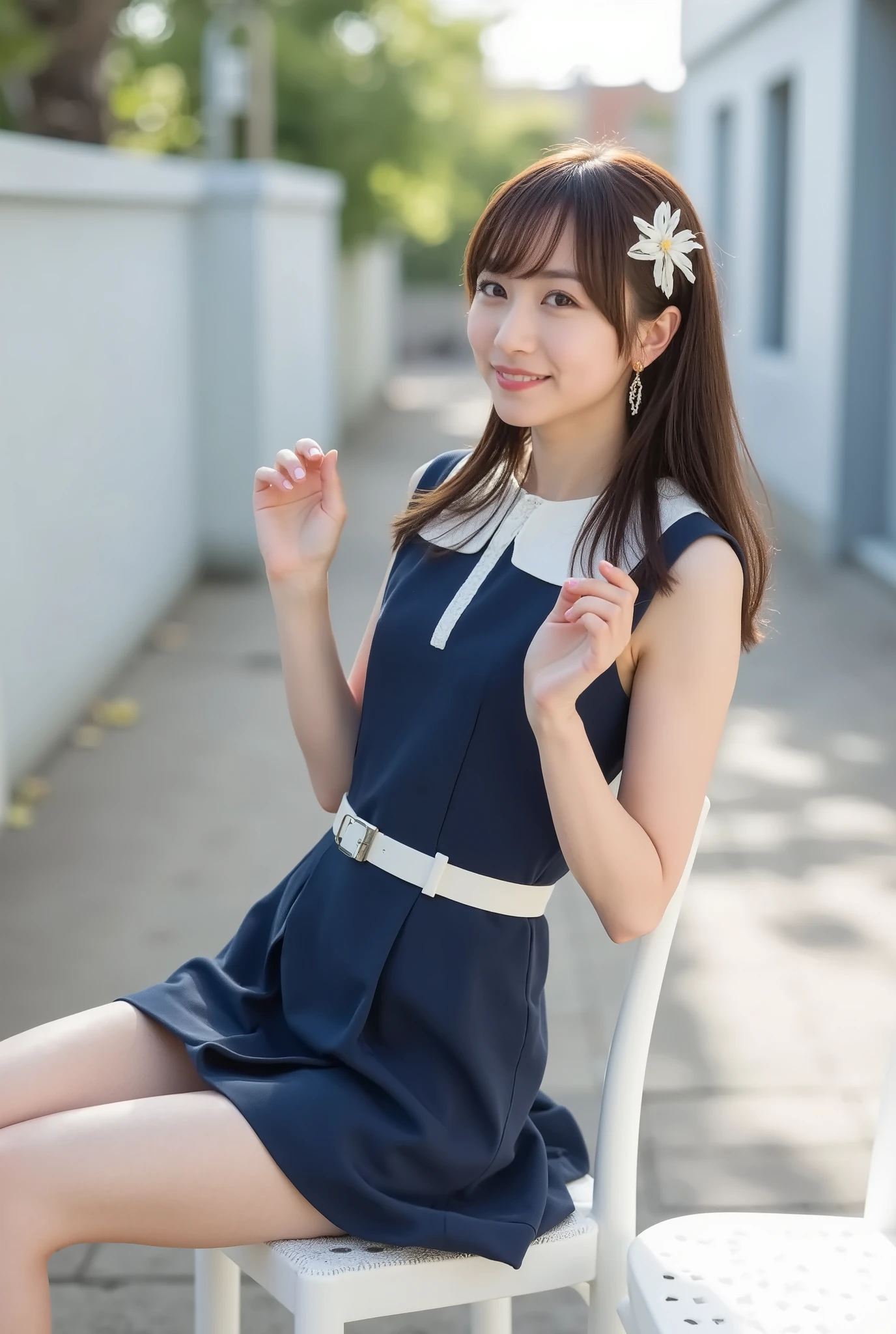 Create a realistic photograph of a beautiful Japanese female idol portrait. She should have a slender body, small bust, and slender legs, with medium-length hair. The outfit should feature a stylish yet modest JK (Joshi Kousei) uniform that combines elegance with cuteness. Capture her in a cute pose, smiling, and set the scene in a school environment.