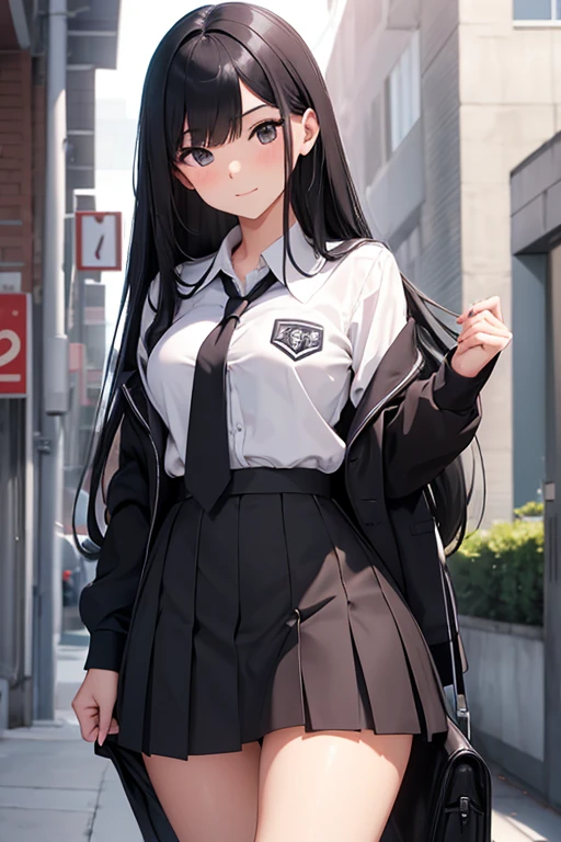 Kanao tsuyuri,Big Breasts,Black uniform,Smiling expression,looking at the camera,forest,