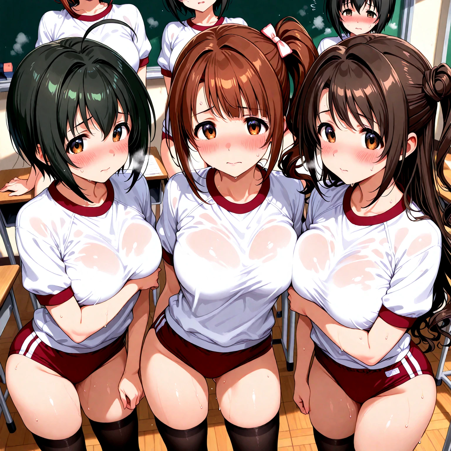 Best image quality, 8k, high quality, masterpiece:1.2), ((masterpiece)), (High detail, high quality, Best image quality), Bokeh, Depth of written boundary, Portraiture, Open Stance, (Cute illustrations:1.2), Poolside, (Multiple girls with different hair colors and styles:1.2), Three Girls, Dawn, Beautiful light, Professional Lighting, (Small breasts), (One Piece Bright Colors ), (Idol Master), Cute round face girl, sexy, Dynamic pose, An exciting mood, smile, Dynamic Angle, Underarm,, Crotch cutout, No crotch, No pants, Pussy, ,, Big Breasts, blush,