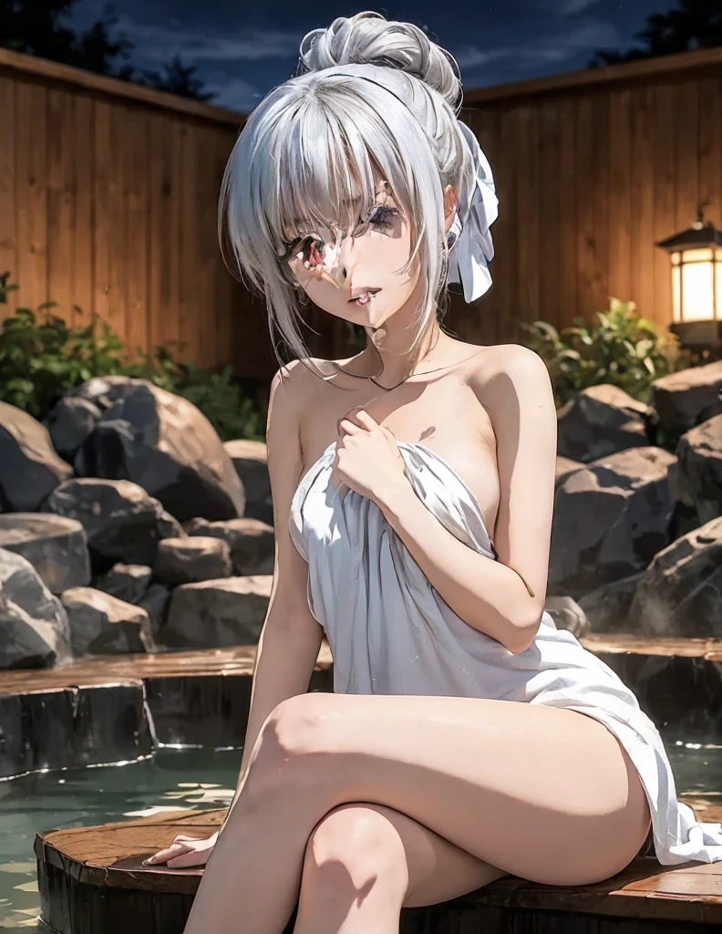 realisticlying，1girll，White hair，Purple eye，glowing light eyes，Bathrobe, legs bifurcated, flushed，is shy，parted lip，Be red in the face，the night，fresh flowers