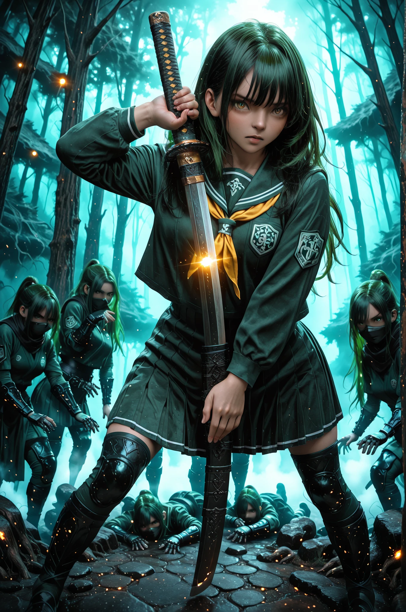 ninja fighting schoolgirl, school uniform ,green hair with black tips,girl standing in a warlike pose, holds a katana ,harsh facial expression,detailed features,4k,high quality,Photorealistic,studio lighting,careful drawing,complex background,dark forest,fog,sharp focus,rich colors,dark tones