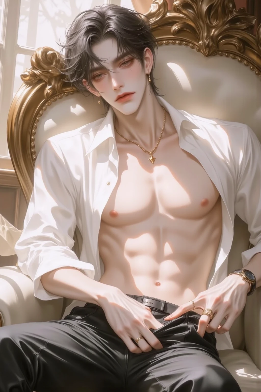 Mannequins，Male supermodel，uncovered skin，Tempting，lewd poses，Abs，pantiess，tmasterpiece，male people，Mature men，Long black hair，Black pupils