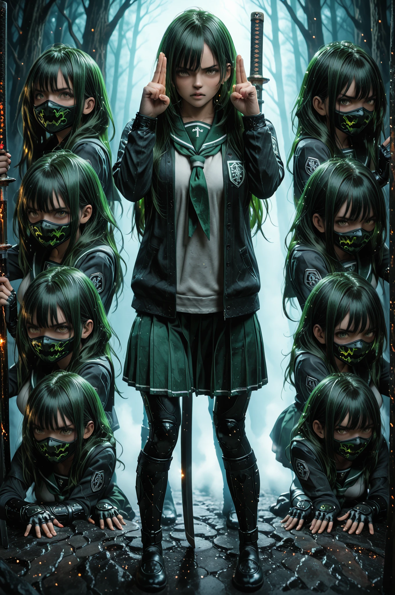 ninja fighting schoolgirl, school uniform ,green hair with black tips,girl standing in a warlike pose, holds a katana ,harsh facial expression,detailed features,4k,high quality,Photorealistic,studio lighting,careful drawing,complex background,dark forest,fog,sharp focus,rich colors,dark tones