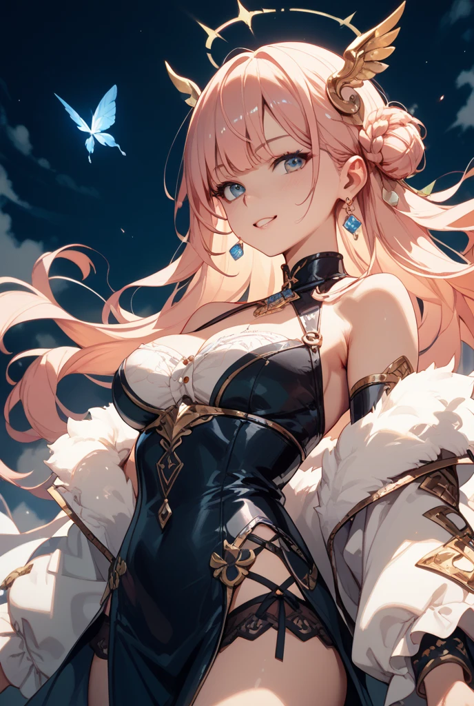 Artoria Pendragon has dragonfly wings, iridescent dragonfly wings, short, fluffy brunette hair, and crimson-red eyes. Perfect anatomy, dressed in vibrant clothing.