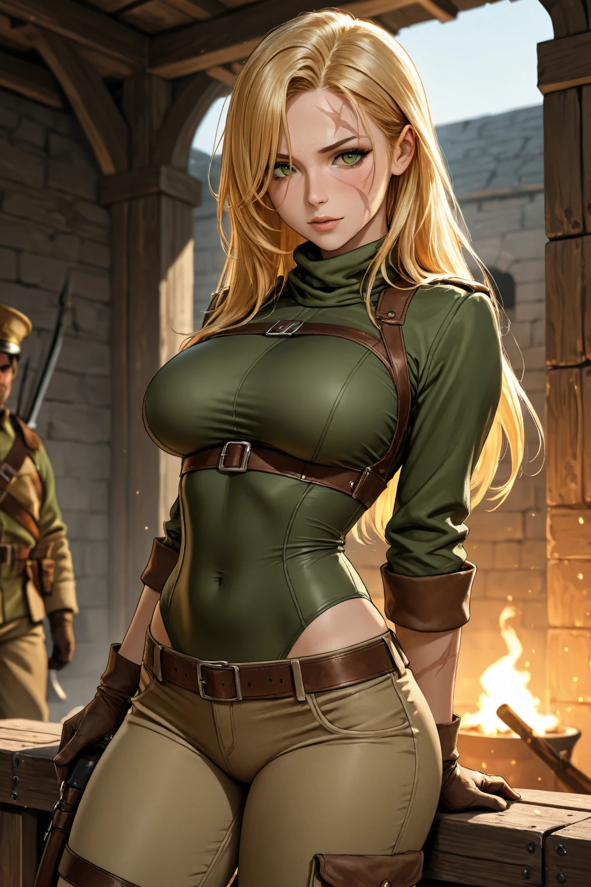 1girl. blonde, adventurer, cleavage, large breasts, miniskirt, tan jacket, belts and pouches and straps, white shirt, exploring a ruin