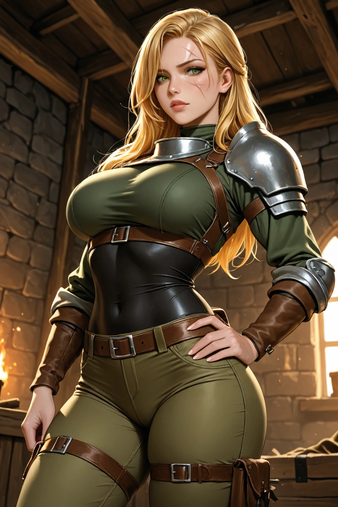 best quality,ultra-detailed,(realistic:1.37),freckles,green eyes,beautiful detailed eyes and face,naked,blonde hair,sexy,woman,cleavage,leather belts,beltcore,beltpunk
