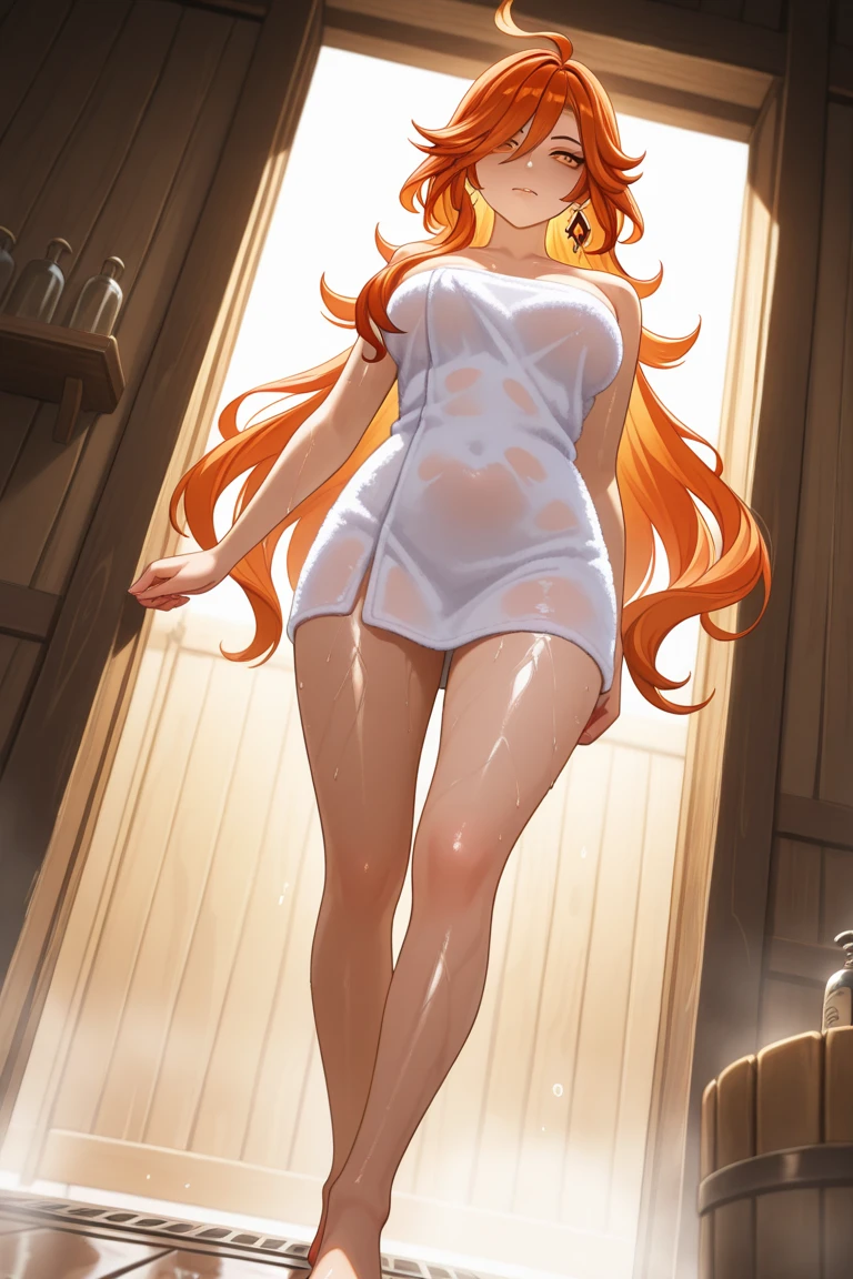 Cocktail dress, body fit see through, flat chest, curvy athletic body, nami, orange long hair, brown eyes, looking at viewer, (shy:1.3), nsfw
