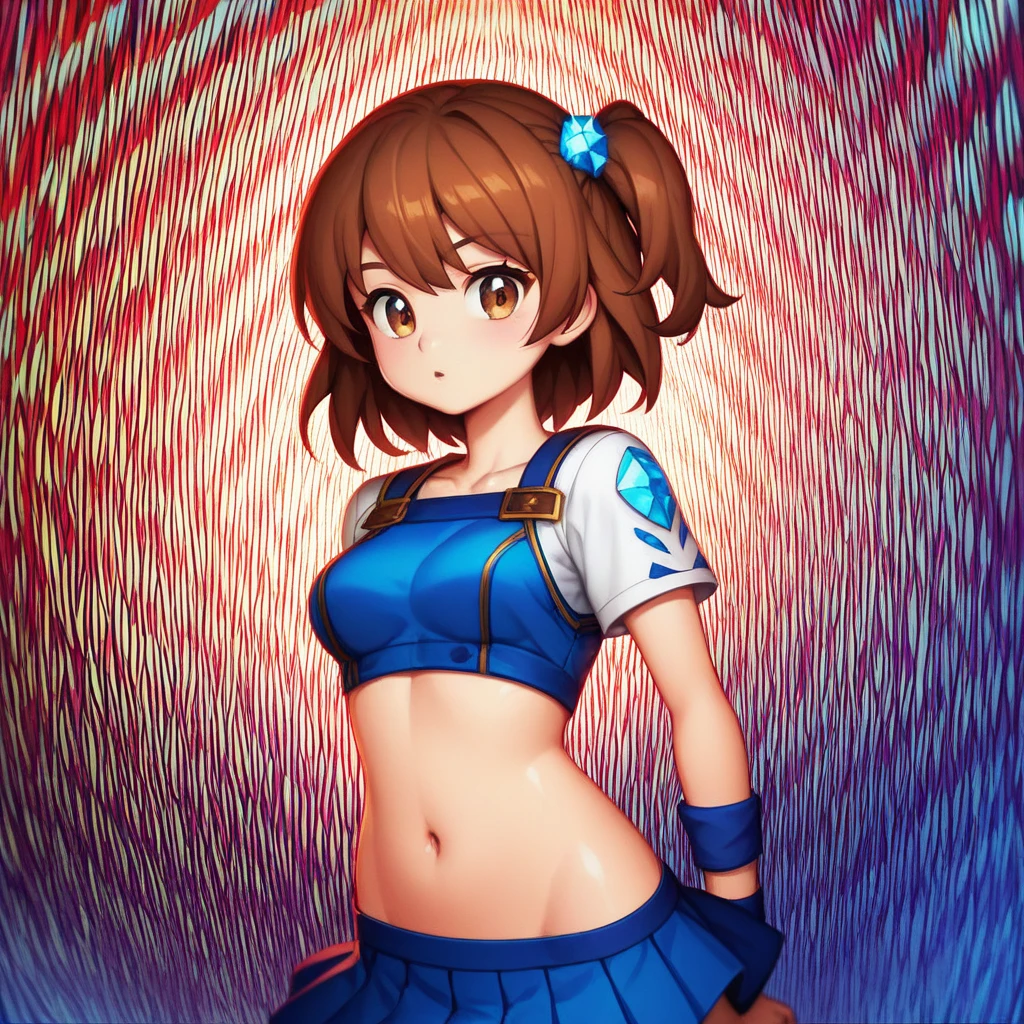 android, beautiful robot, short pigtails, brown hair, Hair tie with two big red clothespins, big smile, brown hair, middle age, joint seam, blue eyes, full body figure, Height: 160cm, Light beige micro mini dress, fluttering skirt, skirt folds, white retro swimwear, Uplifting, 2020s anime style, 21thcentury japan animation, show White pantie
