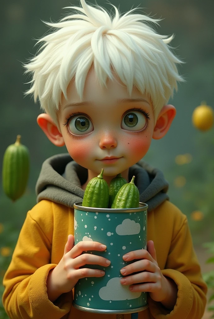 A beautiful boy with green hair offers a sports drink