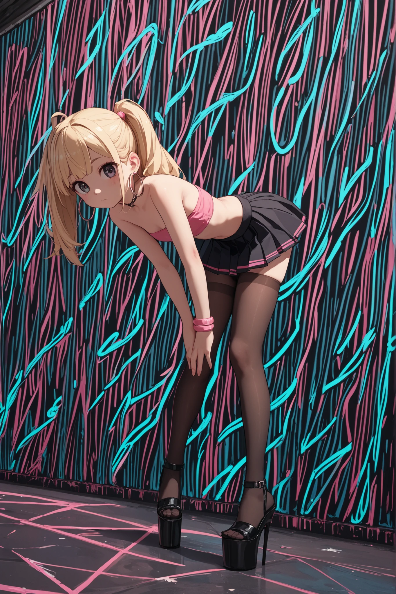 (masterpiece), best quality, highly detailed faces, (SHARP details), 4k, highly detailed, expressive eyes, SHARP detail expressive eyes, (SHARP detail perfect face), By mantis-x, gyaru, young girl, small breasts, playful smile, prostitue, full body shot, slutty clothes, standing, ((dark skin)), slutty, red light district, long hair, nighttime, skimpy tube top, alley, leaning against wall, facing wall, holding money in hand, sex from behind, (view from side), after vaginal, nude, bent forward, aftersex, (cumdrip), solo,