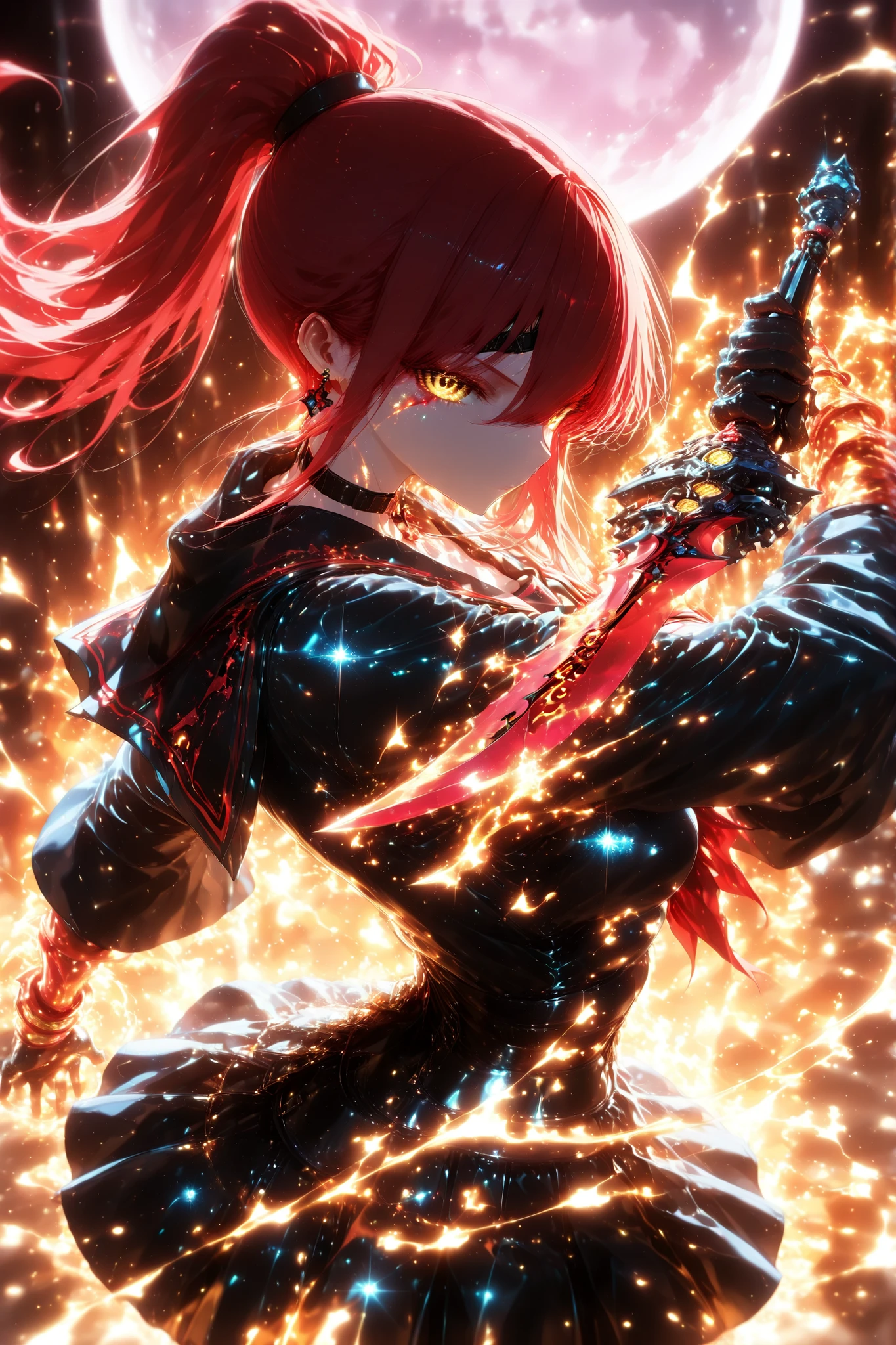 (masterpiece, highest quality, high resolution, 4k,8k, 1 horl, golden eyes , very long hair , long sidelocks, red hair , half upon, medium breasts , petite , very cute , beautiful ,Straight hair, cool, handsome, hair between eyes, ,Ghost JK, Emissary from Hell, Cutting Evil, ((all back+high ponytail)), bewitching, pale skin:1.9, Makeup, Cool Designed Devil Dagger、blade design theme: Tattoo Designs That Look Like Magic Runes, black cross earrings, tattoo, eye patch, full moon in the background, Devil Style Black Sailor Suit and Armor, black skirt, Powerful, showing her bottom, heroine, Exquisite Details, best lighting, Flaming petals dance:2.0, Pose , dynamic pose, dynamic angle, two dagger, fantasy lighting, glowing, background lighting, lightning,magical, gas, glitter, glow,cinematic lighting, perfect lighting,shadows, best quality, SHN journey