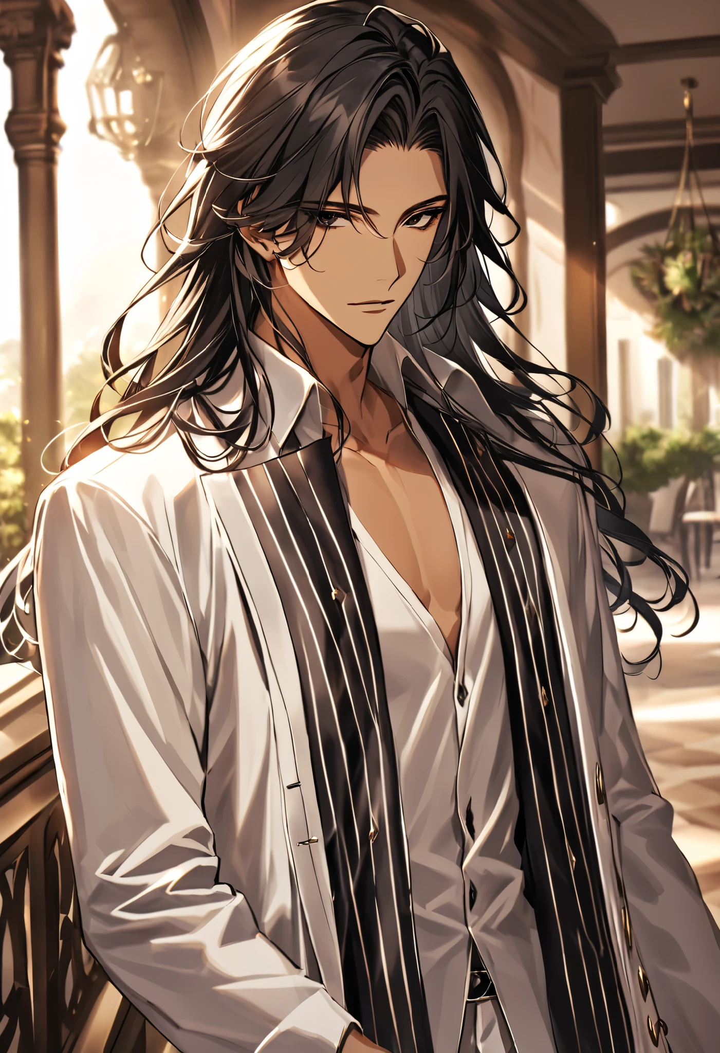 Handsome young man, athletic body, muscle, long hair, shoulder length hair, black hair, black eyes, tanned skin, wearing casual yet elegant clothing. He has a stylish jacket. The background is softly blurred, emphasizing his charismatic and mysterious aura. High detail, sunny place, looking at the viewer.
