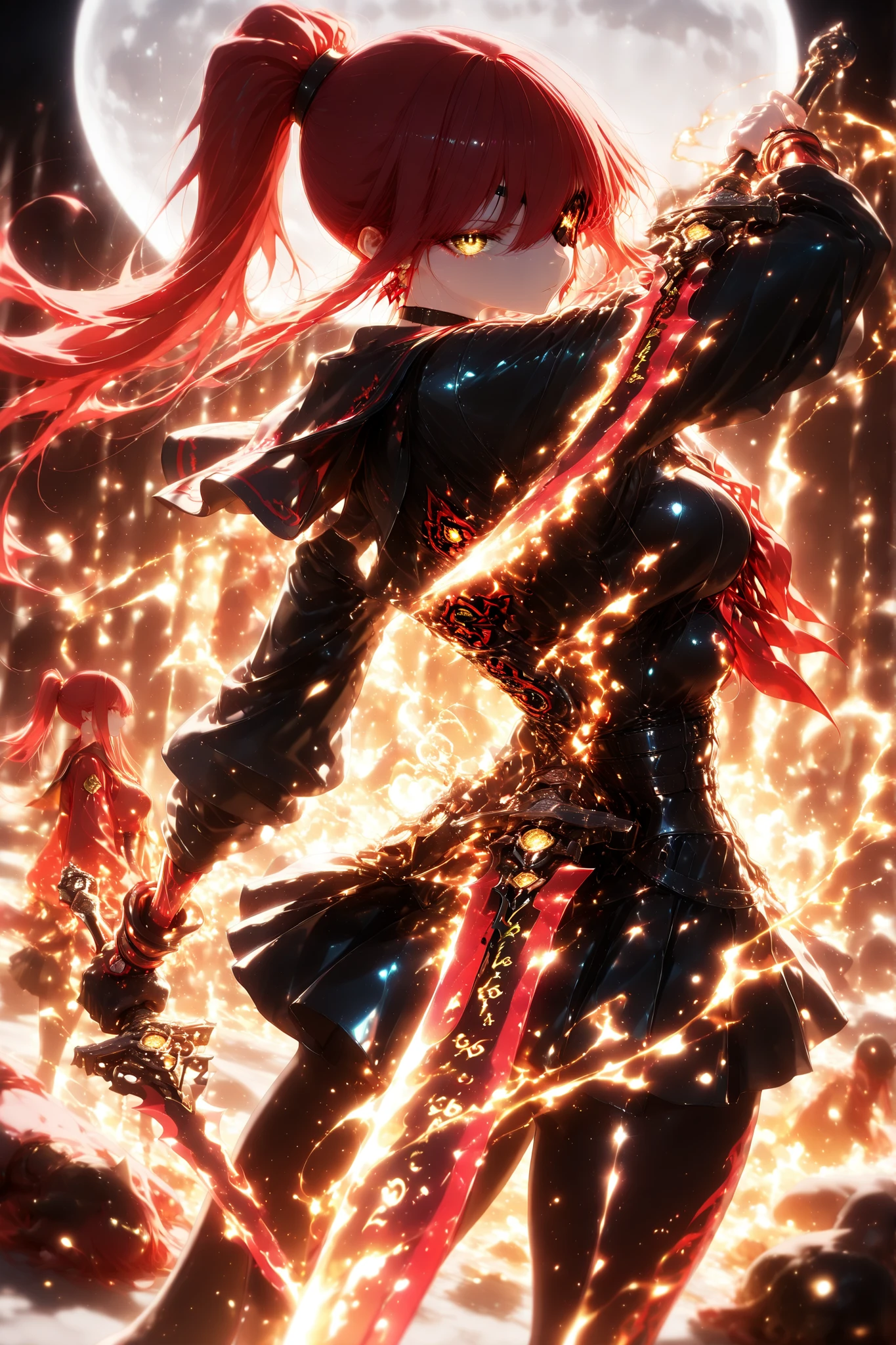 (masterpiece, highest quality, high resolution, 4k,8k, 1 horl, golden eyes , very long hair , long sidelocks, red hair , half upon, medium breasts , petite , very cute , beautiful ,Straight hair, cool, handsome, hair between eyes, ,Ghost JK, Emissary from Hell, Cutting Evil, ((all back+high ponytail)), bewitching, pale skin:1.9, Makeup, Cool Designed Devil Dagger、blade design theme: Tattoo Designs That Look Like Magic Runes, black cross earrings, tattoo, eye patch, full moon in the background, Devil Style Black Sailor Suit and Armor, black skirt, Powerful, showing her bottom, heroine, Exquisite Details, best lighting, Flaming petals dance:2.0, Pose , dynamic pose, dynamic angle, two dagger, fantasy lighting, glowing, background lighting, lightning,magical, gas, glitter, glow,cinematic lighting, perfect lighting,shadows, best quality, SHN journey