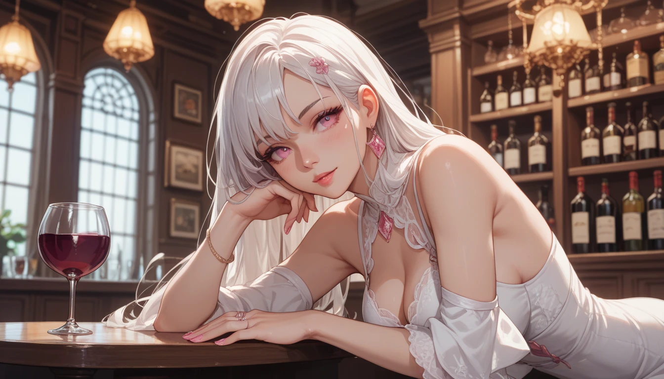 National Science Foundation,masterpiece,High resolution,8K,Art,digit,Three-dimensional,Realism,Kyoto Animation Style,your name movie style,looking into camera,midnight,Soft Light,Glowing skin,(1 female: 1.3),(alone: 1.4),(((Long silver hair))),(Gorgeous,Sparkling red and white lace bra and briefs),Swarovski crystals on gorgeous lace bra,(crystal hairpin),(crystal necklace),(crystal earrings),(crystal bracelet),(Crystal ring),Long eyelashes,slender legs,Close-up of upper body,Close-up,Wine and wine glasses,The table is filled with tropical fruits,(Starry eyes),(open mouth),(blush),(shy)