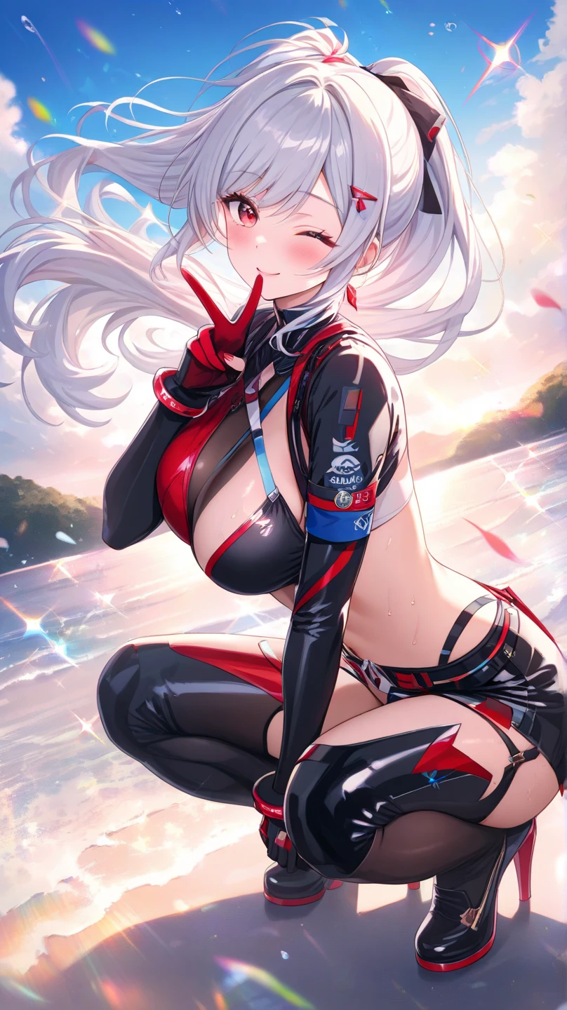 masterpiece, best quality, high_resolution, fine detail, very detailed and beautiful, distinct_image, 1 girl, solo, from below, silver hair, red eyes, dragon horns, (huge), (),seaside,curvy, dolphin shorts, back arms,usa,thighhigh,miniskirt