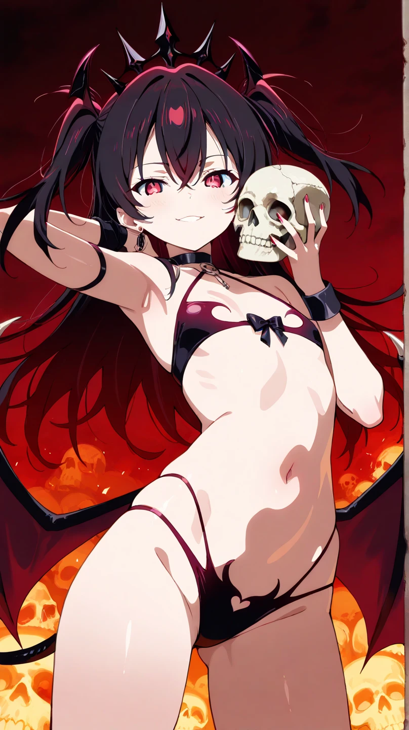 Black-haired demon goddess, asas de morcego, seios fartos. Em uma piscina de sangue.