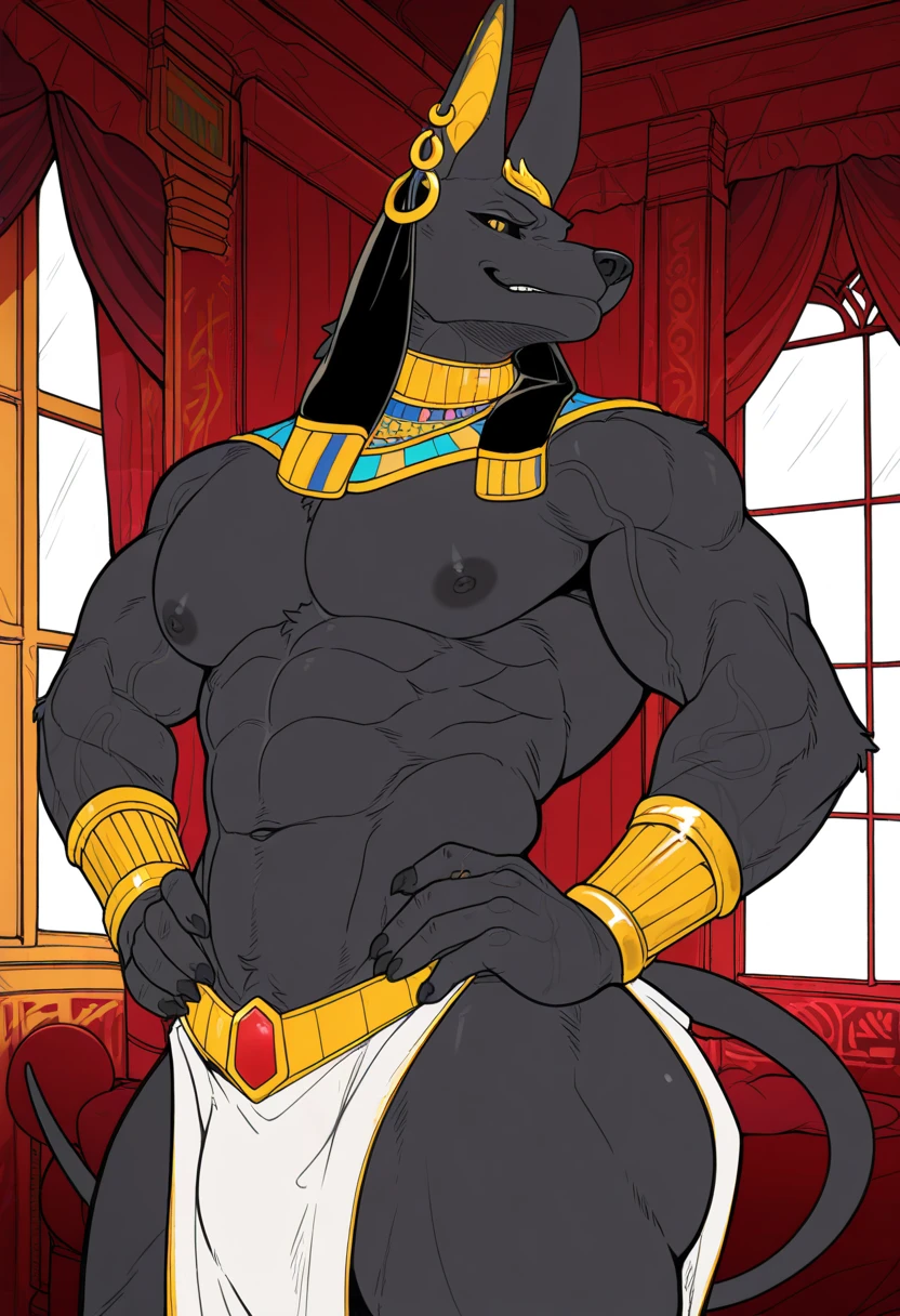 Anubis, sexy, big muscles, semi naked body, toned body, muscular, wide body,big body,exaggerated penis,black penis, penis gold ornaments, venous penis, gigantic huge penis, quite wide penis, golden precum ,quite thick penis, incredibly long penis, giant penis tip,enormously gigantic balls, expression mischievous smile, furry, egyptian stage, very heavy penis, giant exaggerated bulging penis, small loincloth, lots of gold decorations , smoke ,colossal penis gigantic mind exaggerated, bulbous penis tip huge and thick wide