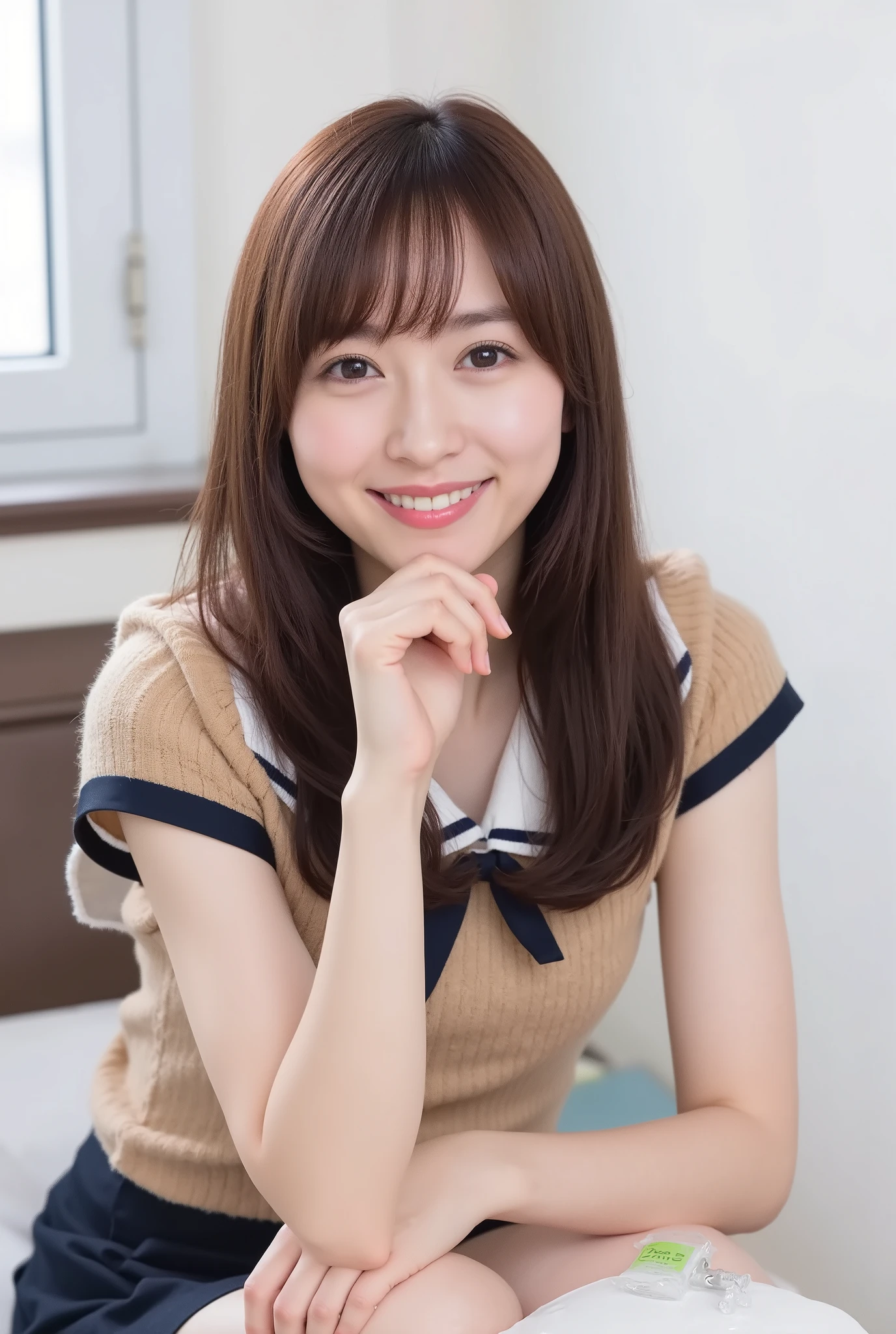 Create a realistic photograph of a beautiful Japanese female idol portrait. She should have a slender body, small bust, and slender legs, with medium-length hair. The outfit should feature a stylish yet modest JK (Joshi Kousei) uniform that combines elegance with cuteness. Capture her in a cute pose, smiling, while holding a water gun like a machine gun, set in a school environment.