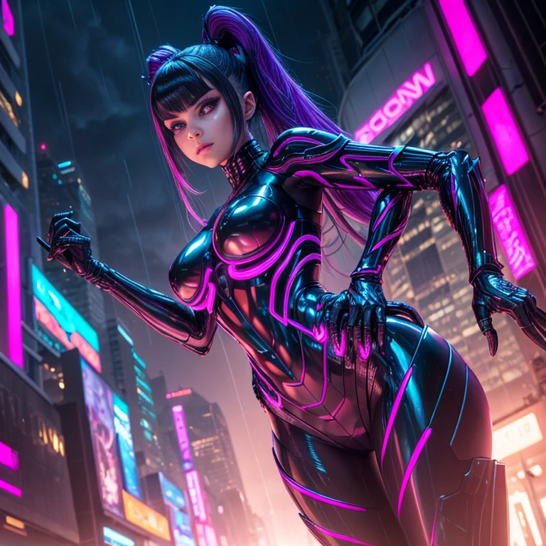 Beautiful woman with pink and black long hair posing on city street, anime style mixed with Fujifilm, cyberpunk anime girl, surreal cyberpunk style, anime style. 8K, cyberpunk style, surreal, Akihabara style, realistic anime 3D style, digital cyberpunk - anime art, purple and black clothes --auto --s2