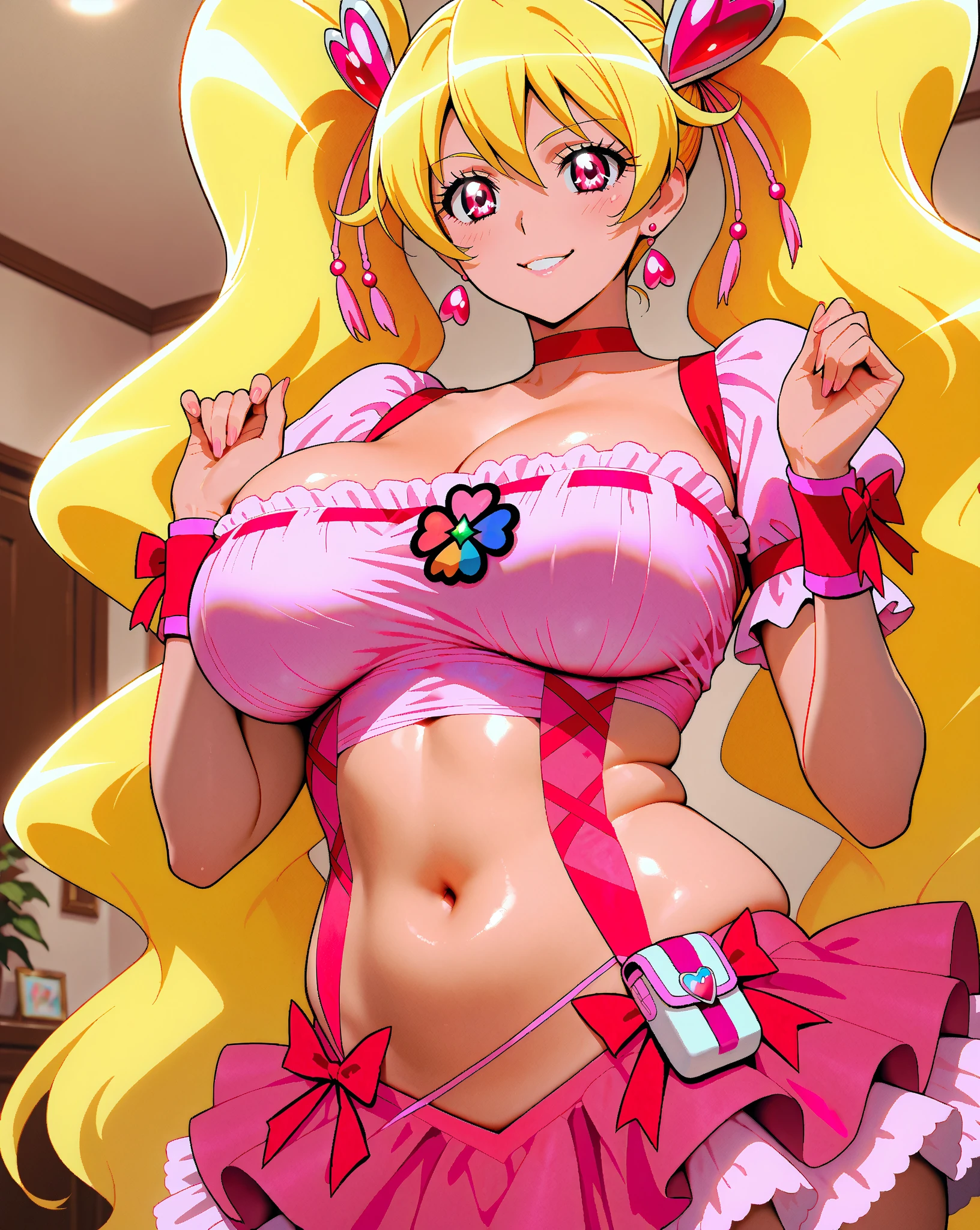 (masterpiece, Better Quality), 1girl in, Mitsurikan Log, Dazzling, smil, Breast, Armpits, Belly、PINK Underwear、Lace underwear、Voluptuous body、standing , raise one leg、arms behind back, fake white collar