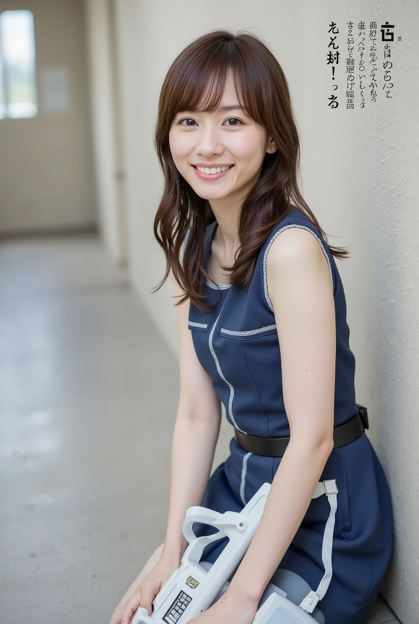 Create a realistic photograph of a beautiful Japanese female idol portrait. She should have a slender body, small bust, and slender legs, with medium-length hair. The outfit should feature a stylish yet modest JK (Joshi Kousei) uniform that combines elegance with cuteness. Capture her in a cute pose, smiling, while holding a water gun like a machine gun, set in a school environment.
