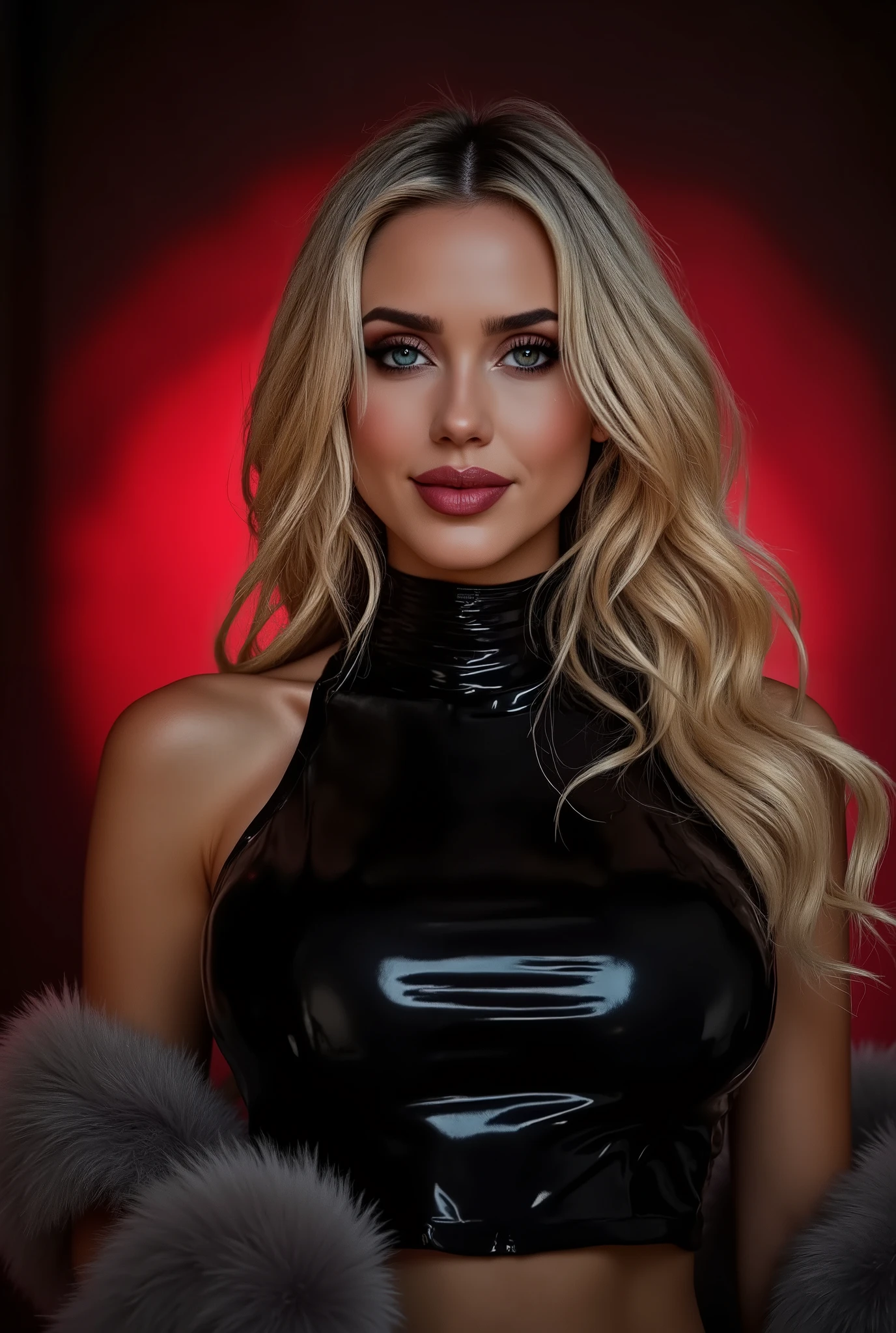 (masterpiece, best quality:1.2), 1girl, solo, blonde woman, (makeup:1.4), beautiful smile, turtleneck latex outfit, zipper, highly detailed fur, natural skin texture, 4k textures, Highly detailed perfect , Lightroom, Intricate, Ultra-Realistic, Out There, (HDR:1.3), UHD, (Intricate Detail, Hyper-Detailed:1.1), Cinematic, Photoreal, (Dark Shot:1.2), Dramatic, High Contrast, (Warm Color:1.1) , muted colors, master piece, elegant, sharp focus, looking at the viewer, black to red gradient background, solid dark black with red gradient background, neutral studio background