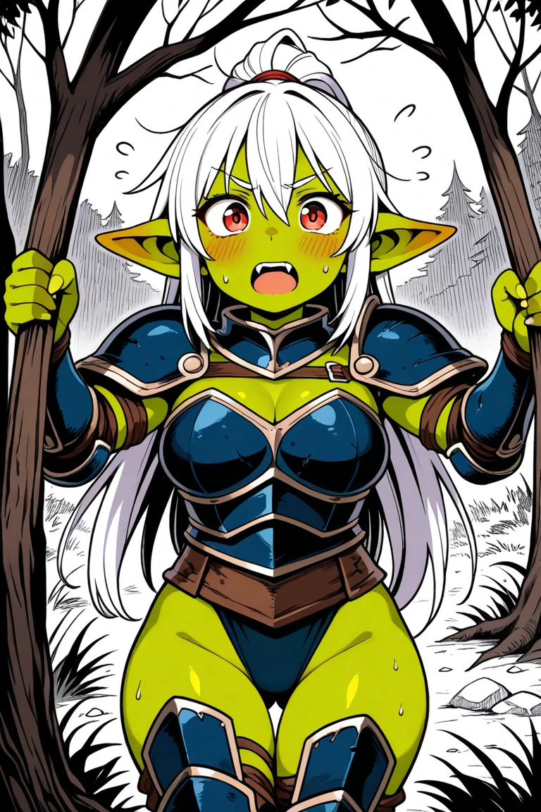 (((I want an orc woman with dark green skin, white hair and detailed yellow eyes, strong body and full breasts wearing animal skin robes)))