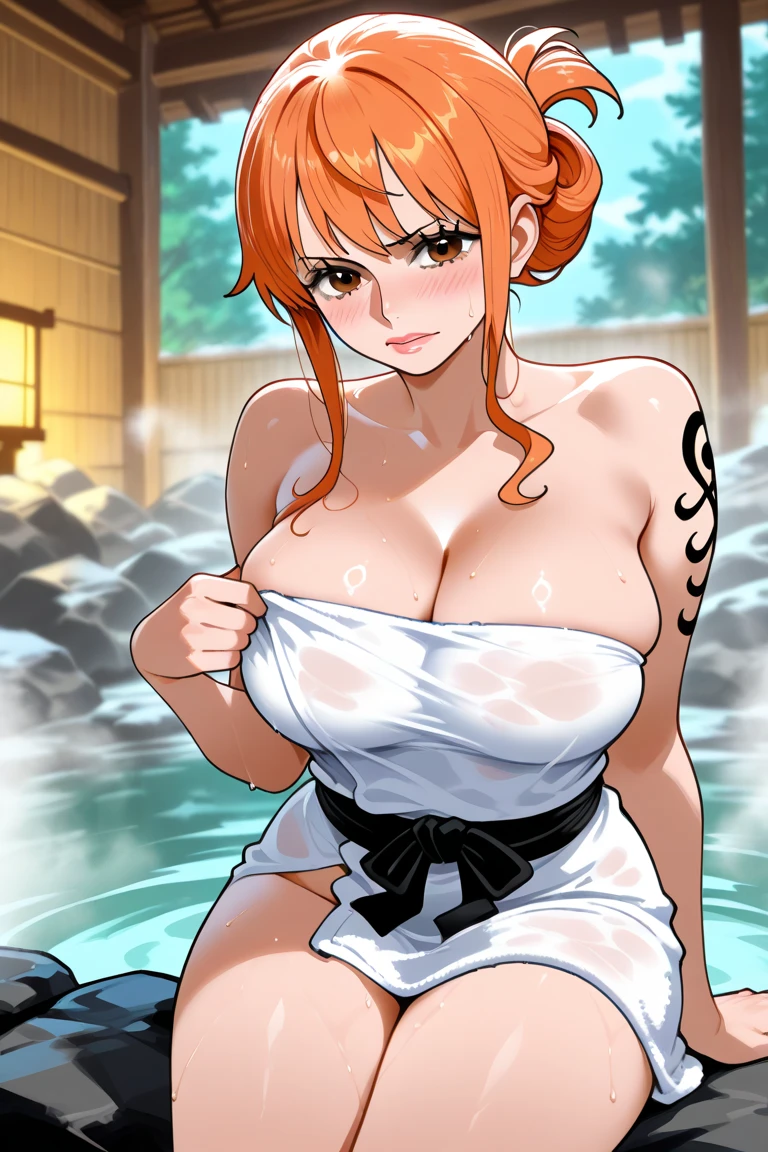 1girl,solo, (nami_8000:0.9), nami \(one piece\), nami, full body, ponytail, (arm under breasts), brown eyes, shoulder tattoo, from below, v, smile, narrow waist, inskny, ((cleavage)),(masterpiece:1.0), (best quality:1.0), (8k wallpaper:1.0), extremely delicate and beautiful, (beautiful detailed face:1.0), (detailed deep eyes), symmetrical breasts, deep eyes, ((huge breasts)), ((screencap)), third-party edit, (sweat), (shiny skin), (wide hips), ((one piece treasure cruise)), anime, (anime screencap), ((naked)), (steam), (onsen), , ((fog effect)), groin,