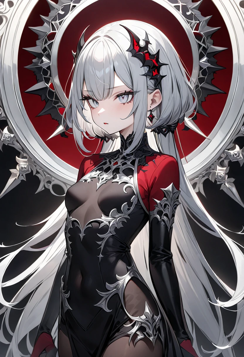 (masterpiece:1.5), ultra quality, 8K, high resolution, super fine illustration, depth of field,
perfect anatomy,
(1girl), solo, (from above), (delicate beauty girl), (16years_old girl), parted lips, (gradation colored hair silver:1.4 pale blue:0.6), (extreme long hair), floating hair, hair blowing wind,
((heterochromia, red eye, blue eye)), fine detailed eyes, (small bast),
(slender), (small Face),(hair blowing in the wind), (pale pink lip), (fuller lips), (glossy lips),
(black bodysuits:1.6), (sheer material_bodysuits:1.3), (tight skin bodysuits:1.6), (lace trimmed), (covered-cleavage:1.3), (covered-navel:1.3), (sheer fashion),
(hair ornament),
(black cape with red_lining:1.6), (cape fluttering in the wind), (night), night cityscape, overlooking the city, standing tip of the tower,