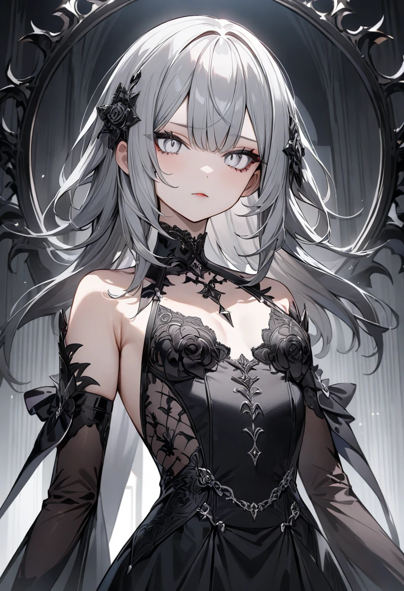 (masterpiece:1.2), highest quality, 1 female, alone, long long gray hair, very long hair, bangs, (white background:1.4), dark purple eyes, white bonnet with dark red rose decoration, while gothic dress with gold trim