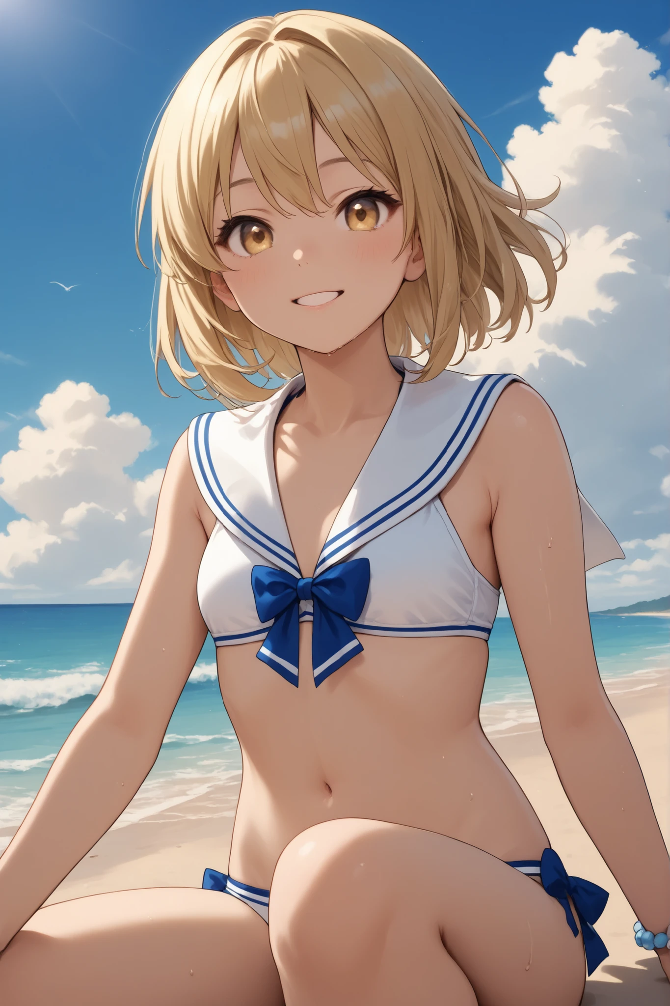 MASKING, 1girl, solo, looking at viewer, smile, short hair, blonde hair, brown eyes, yellow eyes, white bikini, high quality, solo, night sky, beach, arm behind head, hand on hip, contrapposto, closed mouth, spread armpits, (cowboy shot:1.5), looking at viewer, grin, best quality,