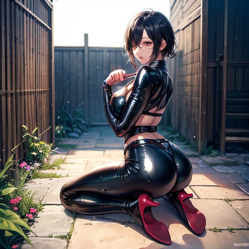 ((Full body photo)), ((head to toe photo)),18 years old femboy, black hair, posing sideways showing her ass