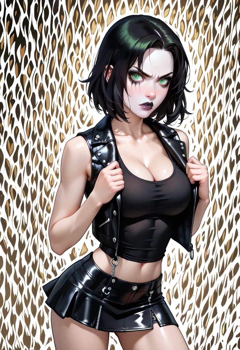 Gothic Female, elf, slender body, flat stomach, big breasts, black hair, gothic bob cut, make up, pale skin, green eyes, long lashes, plump lips, black nails, leather jacket, black corset mini dress, lacy black stockings, moody expression, moody pose, night time city background, portrait