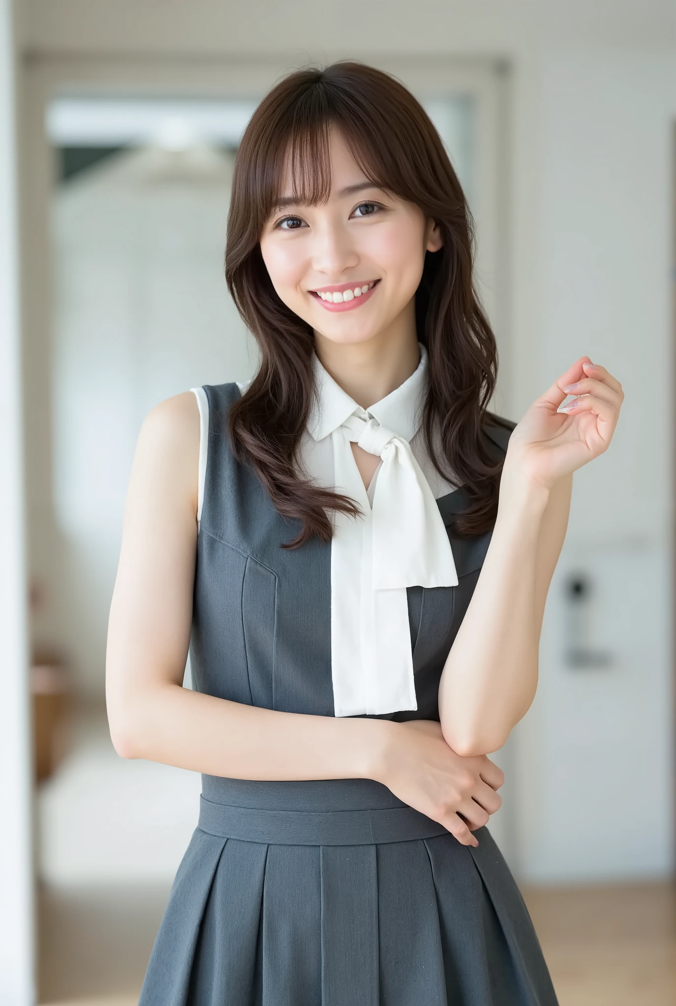 Create a realistic photograph of a beautiful Japanese female idol portrait. She should have a slender body, small bust, and slender legs, with medium-length hair. The outfit should feature a stylish yet modest JK (Joshi Kousei) uniform that combines elegance with cuteness. Capture her in a cute pose, smiling, and set the scene in a school environment.