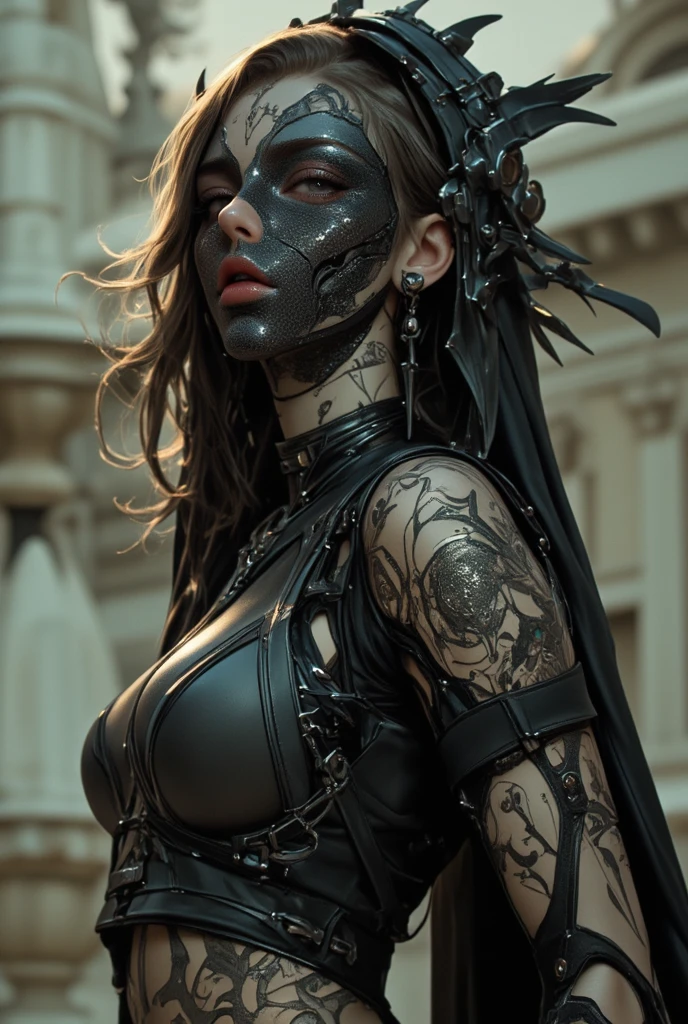 ASCIIa woman with scary locks and makeup looks at the camera with a creepy look on her face and eyes., Android Jones, biopunk, Conceptual art, video art, matrix color grading, tattoos on his face, scify, steampunk_lasts, steampunk. bare breasts