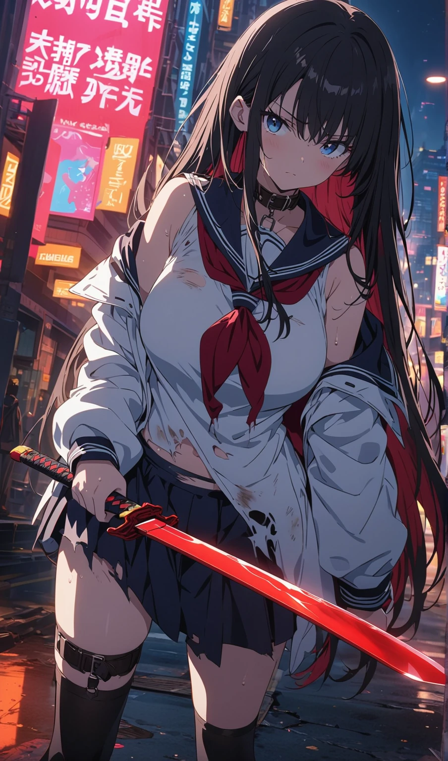 long hair, blunt bangs, black hair, (((brown eyes,))) pale skin, shiny skin, slim, medium breasts. hairband, thighhighs, (((with a gun,))) japanese clothes, blue skirt, bleeding, open mouth, ((((injury,)))) ((((bloodshed,)))) ((((defeat,)))) ((((damaged,)))) ((((pain,)))) ((((beaten,)))) ((((violence,)))) (((peeing,))) (((pee,))) (((white frilled underwear,))) ((((((torn clothes,)))))) (blood dripping from mouth,) (((dead,))) (((nsfw,))) sweat, ((holding own arm,))