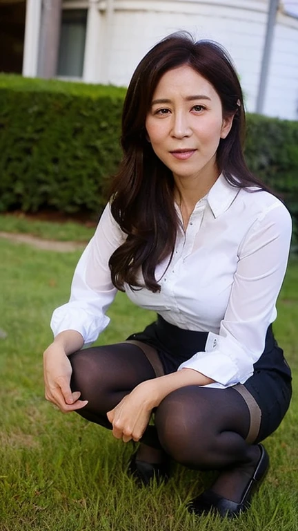 Browsing Caution, ((Highest quality)), ((8K)), ((masterpiece: 1.3)), (Perfect appearance), (Photorealism: 1.6), (woman squat on the grass), (She's squat down and showing me her panties.), Japanese women, (58 years old), ((Realistic skin texture 1.8)), (Fine wrinkles appear all over the skin: 1.3), (Dullness: 1.1), (Unmoisturized skin: 1.2) , (Facial wrinkles: 0.9), (Wrinkles around the eyes: 1.2), double eyelid, Lower eyelid tear trough, (Crying Mole: 0.9), The eyes are looking here, Serious look, (Dimples: 1.2), The gaze is directed diagonally upwards to the right., Long Hair, Soft fabric blouse, Wide sleeves, Cuffs that fit your wrist, (The bottom of the blouse is tucked into the skirt: 1.2), flare skirt, Roll up your skirt, (Leg spread), High heels, (panties), (panties under pantyhose: 1.2), (pantyhose), (Panty shot: 1.2), squat, underwear, white panties, (whole body),