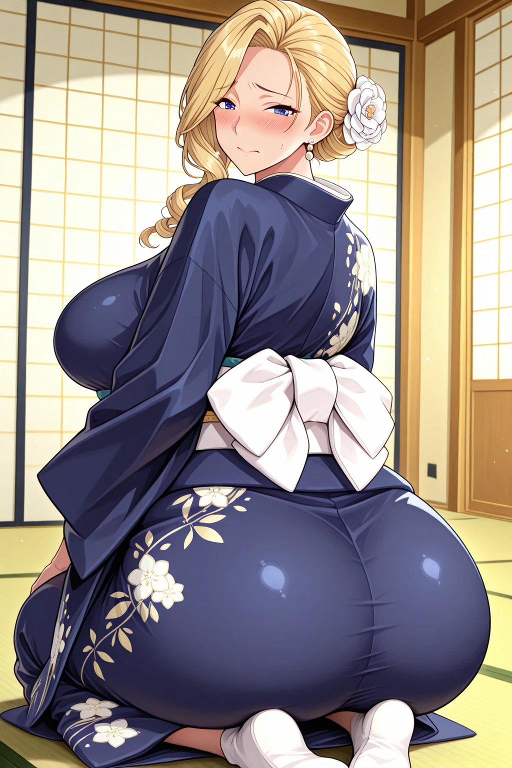 (POV from the front from above), (Best quality: 1.5), (masterpiece: 1.5), (2.5D), (good definition), (detailed face), (well-drawn face), (excellent drawing), ( vivid colors), (exaggerated proportions), (hentai), (perfect anatomy), (character in the center), (absurdity), (4k wallpaper), (detailed eyes), (perfect hands), (perfect fingers) , (beautiful skin), (glowing skin), (perfect shadows), (perfect lighting), (full body), (beautiful eyes), (masterpiece), (voluptuous body), (pretty face), adult woman, MILF seductive, mature MILF face, mature woman, blonde hair with low and slightly disheveled ponytail, green eyes, wears glasses, wears an elegant yukata, very surprised and blushing expression, huge breasts, huge thighs, huge butt, voluptuous body, good proportions, She is in a traditional Japanese house, a big fat man with a censorious face spanks her butt
