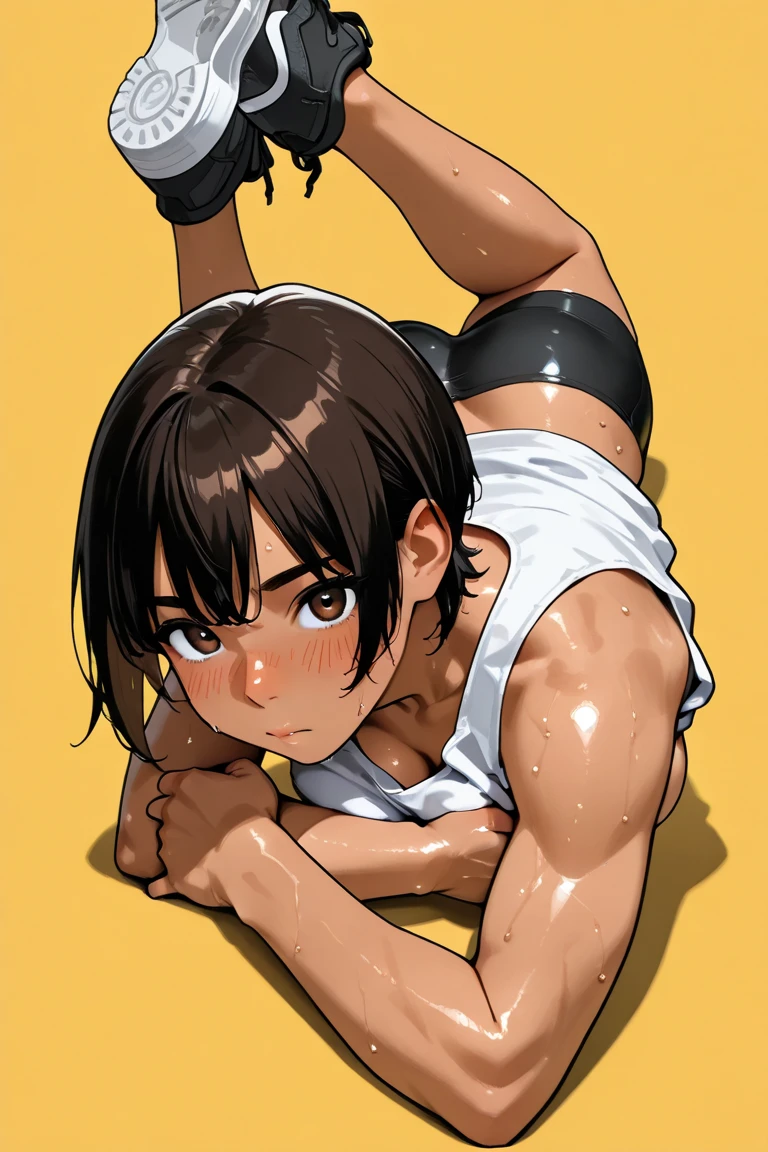 masterpiece, best quality, ultra detailed, ultra high resolution, very detailed face, (((solo))), ((anime)), (((junior high school girl))), (tanned skin:1.3), ((tanktop, croptop)), ((black yoga pants)), ((brown short hair, side ponytail)), ((extasy face)), ((small mouth)), (small breast), (six pack abs:1.1), ((lying on the bed)), in the room
