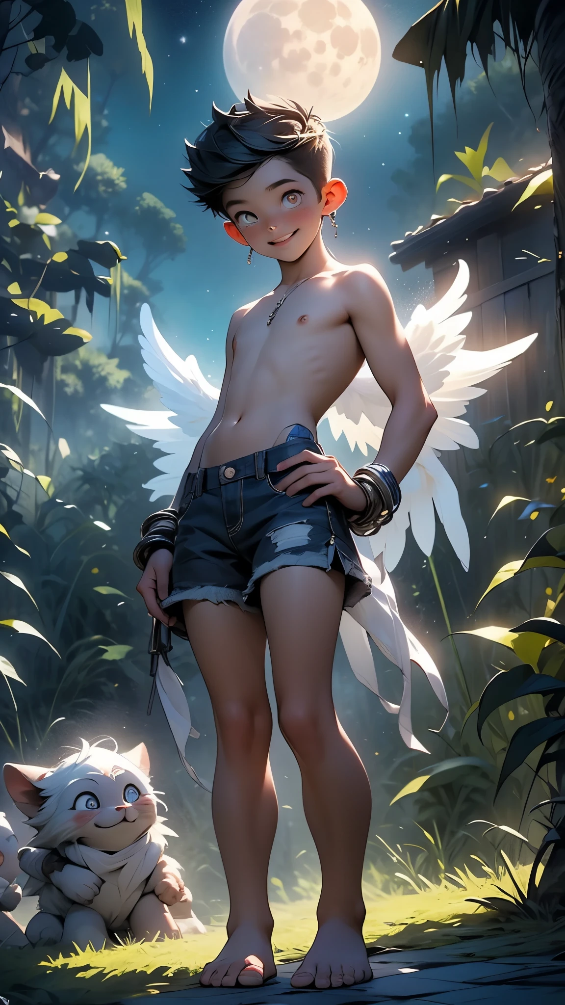 1boy, young male, teen, fairy, innocent face, cute face, youthful face, white eyes, fairy wings, white fairy wings, medium hair, white hair, undercut, hair half shaved, thin body, muscular, short, sexy, skimpy, loincloth, minds eye, psychic, psionic