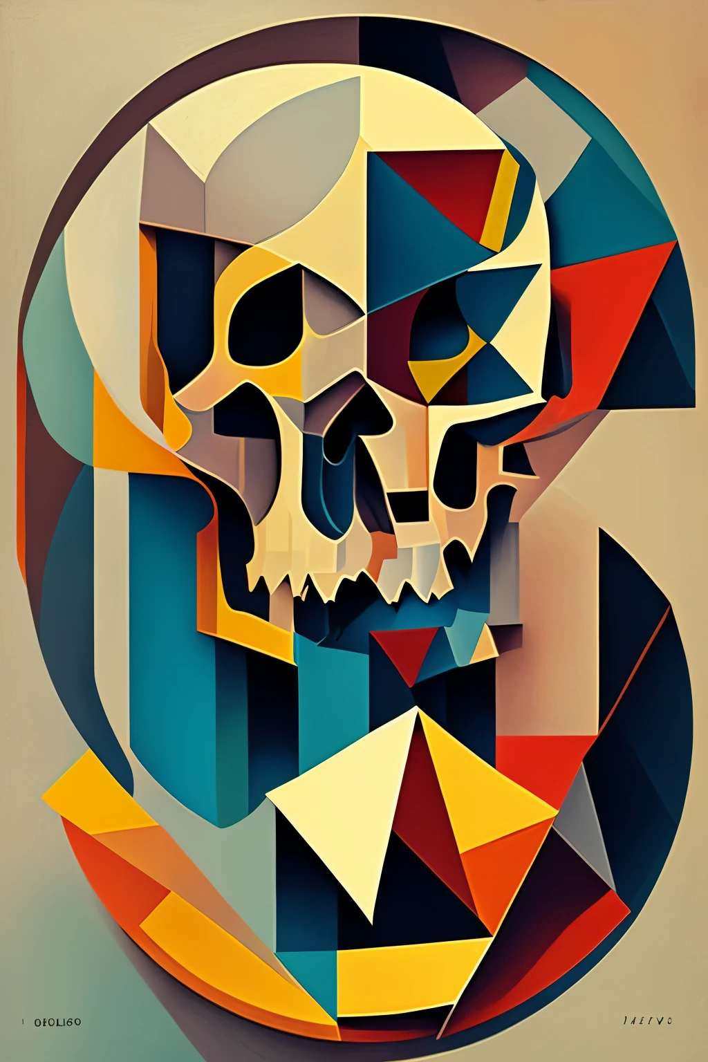 Skull portrait, picasso style, cubism, cube, circle, triangle, artistic composition, cubism, muted colors, radiography style