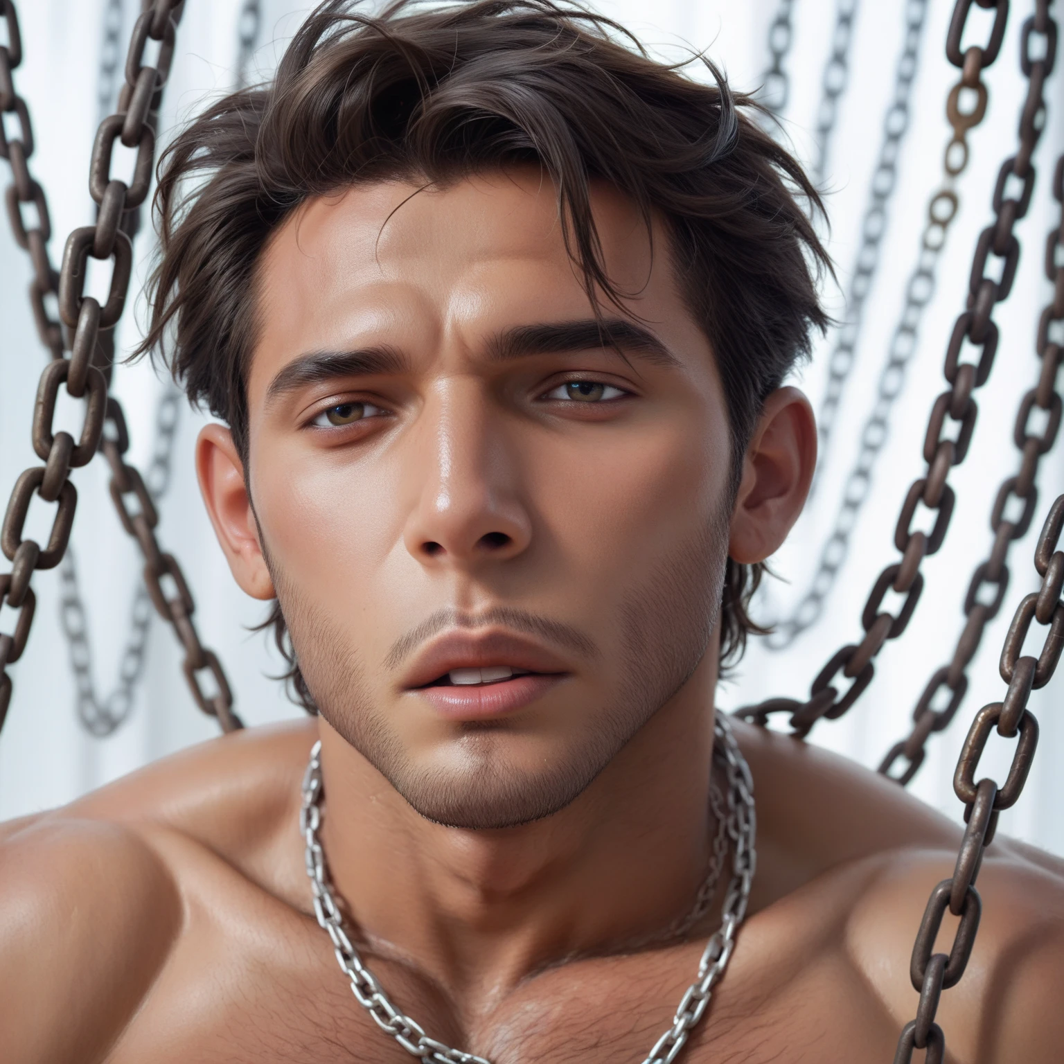 Nude male, male leashed with a pink collar, toned, male orgasm, blue eyes, black hair, heavy eyeliner, small penis on man, full body shot, female with a strap on.