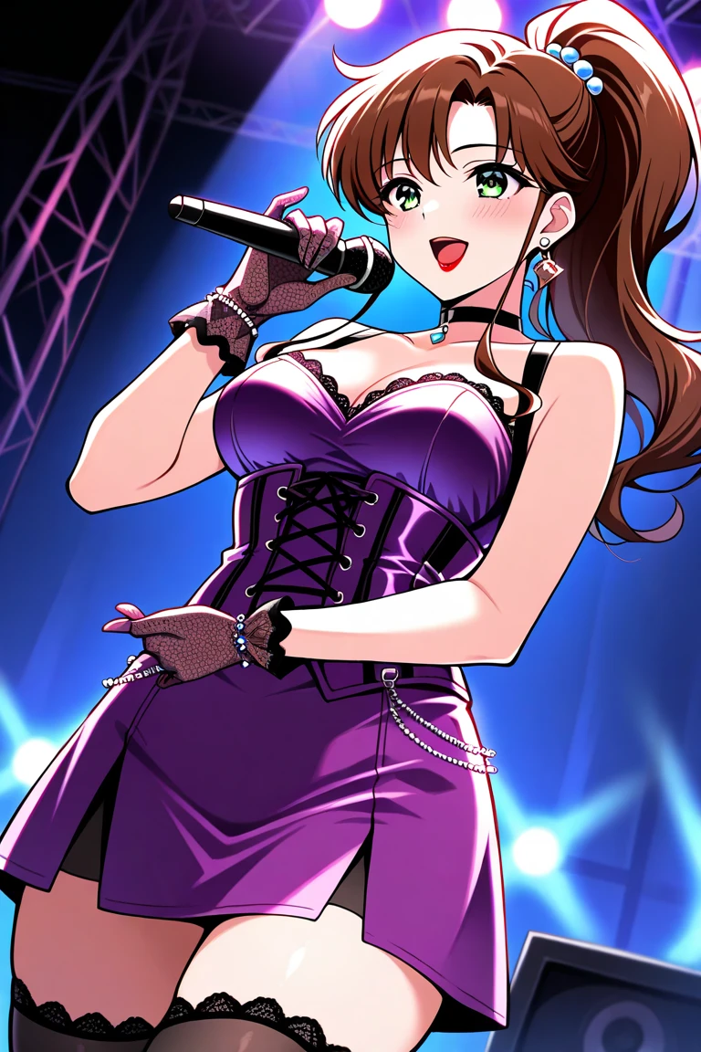 masterpiece, best quality, 1girl, solo, looking at viewer, <lora:EPngeKatsuragiMisato-08:0.75>, EPngeKatsuragiMisato , purple hair, brown eyes, long hair, naughty smile, detailed background, cowboy shot, indoors, concert, stage, stage lights, woman wearing a dress made of pearls,skirt,wearing edgpearldress <lora:edgPearlDressv1:0.8>