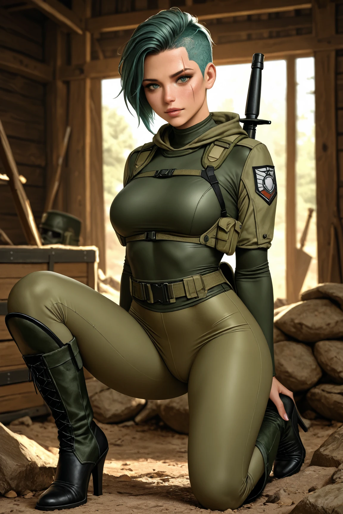 female Mandalorian, Mandalorian armor, Mandalorian helmet, curvy, wide hips, thick thighs, slim waist, tall, long legs, camo, camouflage, camo armor