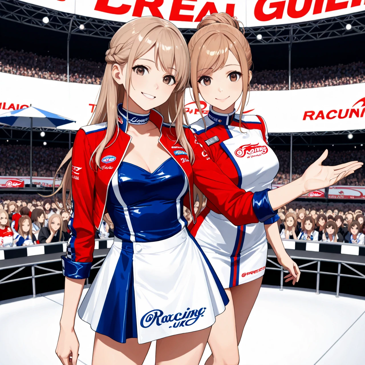 top-quality、Full limbs、complete fingers、1girl in、((one beautiful women、独奏))、Beautiful Large Breasts、Medium Hair、poneyTail、brown haired、Race Queen Costume、((Blue and white top with logo:1.5))、Woman in blue and white mini skirt、Expose the belly、white arm cover、Tricolor parasol、Woman wearing long white boots 1 circuit、Formula 1、F1、racing car))、Naughty Poses、A big smile、zoomed、composition seen from below